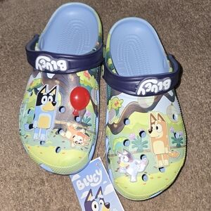 CROCS  Sandals - Blue and Green with Cartoon Design Women's Size 9